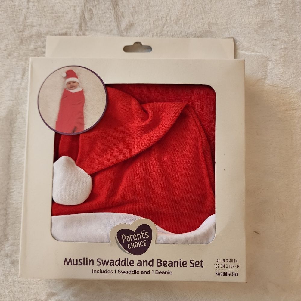Parent's Choice Santa Muslin Swaddle and Beanie Set